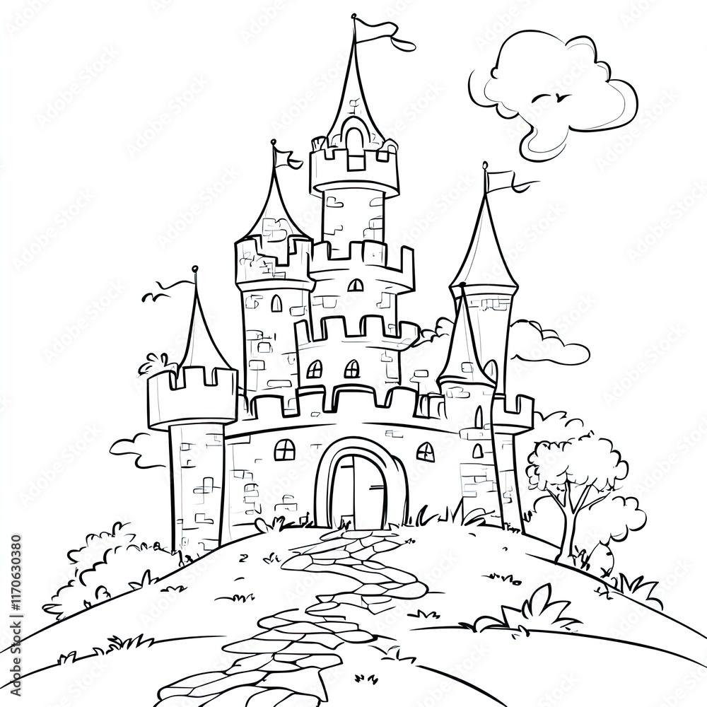 Fototapeta premium Simple Coloring Page: Fairy Tale Castle on Hill for Kids