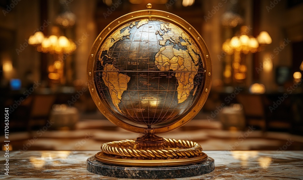 Ornate golden globe on marble surface. Ornate golden globe on marble surface.
