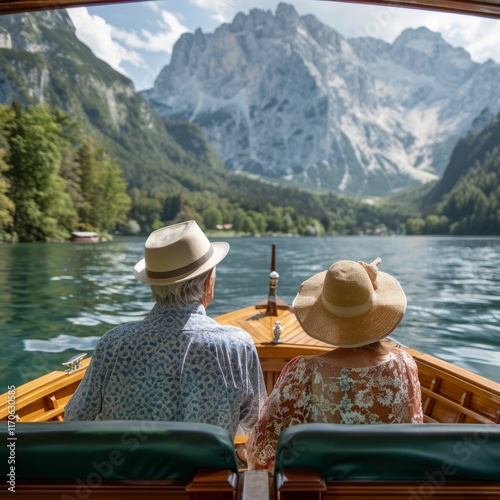 Senior couple enjoying a scenic boat ride on a lake surrounded by mountains. A beautiful travel and retirement scene.