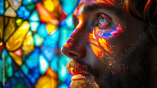Man with stained glass light on face. Intricate details spiritual expression vibrant colors for religious inspirational or abstract themes.