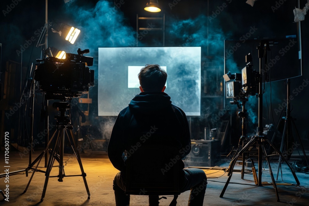 Fototapeta premium Filmmaking Studio Director Watching Footage on Screen