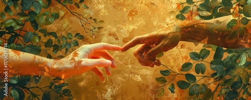 Artistic hand touch golden textured background with organic leaves. Creation connection concept perfect for creative spiritual or conceptual projects.