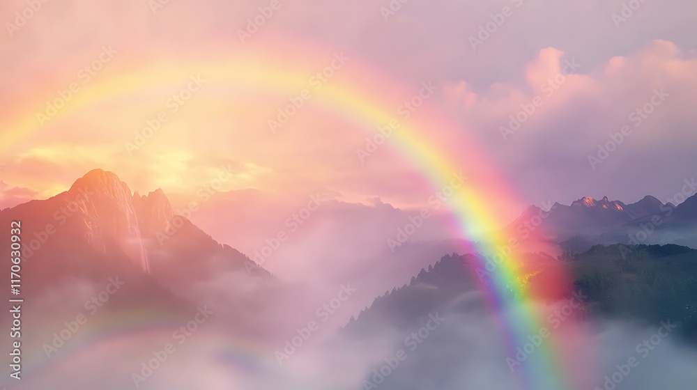 A rainbow is seen in the sky above a mountain range A rainbow is seen in the sky above a mountain range