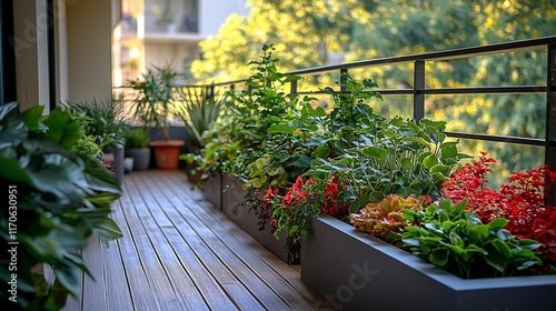 Lush urban balcony garden with various plants in modern planters.