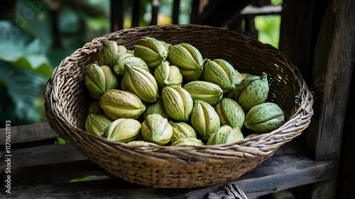 A basket of raw Jamaican ackees in their pods; blighia sapida photo