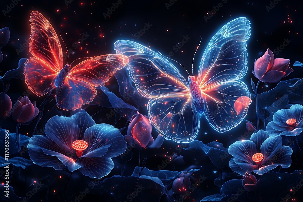 Enchanting glowing butterfly amongst flowers at twilight Enchanting glowing butterfly amongst flowers at twilight
