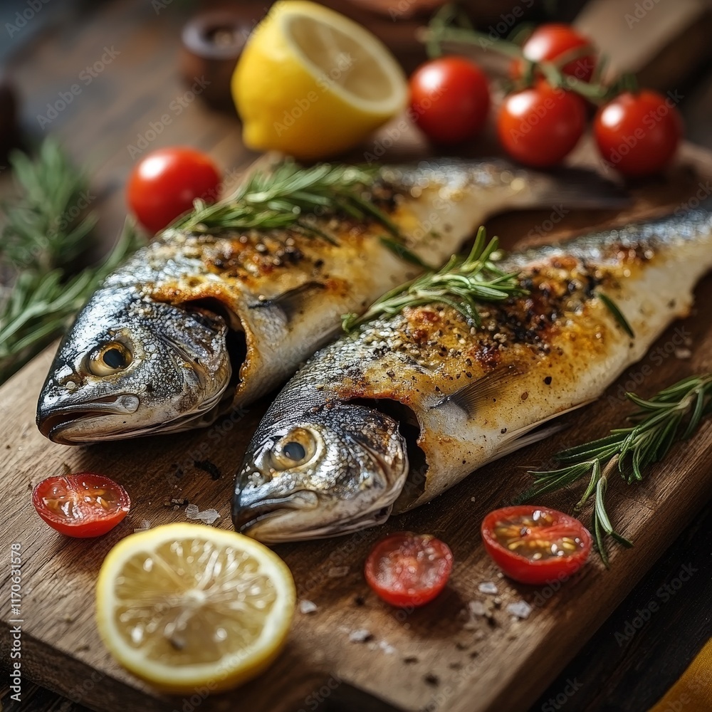 Fresh fish with rosemary and lemon on a rustic wooden board, styled for culinary inspiration, targeting cooking enthusiasts and chefs. Fresh fish with rosemary and lemon on a rustic wooden board, styled for culinary inspiration, targeting cooking enthusiasts and chefs.