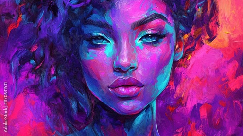 Vibrant portrait of a woman with expressive eyes and curly hair, painted in bold colors.