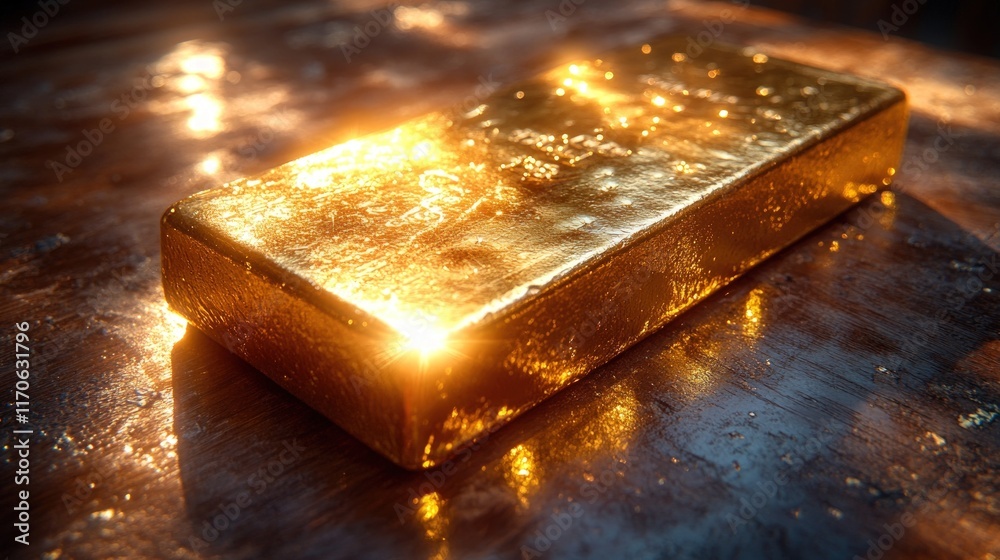 Glowing gold bar rests on dark wood. Glowing gold bar rests on dark wood.
