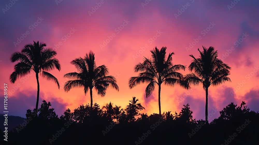 Obraz premium silhouettes palm trees fiery orange pink sunset sky