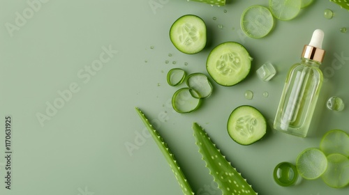 A flat lay composition with aloe vera leaf, cucumber slices, and a small glass bottle containing a liquid