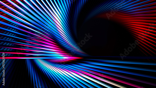 Abstract geometric neon lines background. Fractal render. Colorful glowing cylinders with copy space.