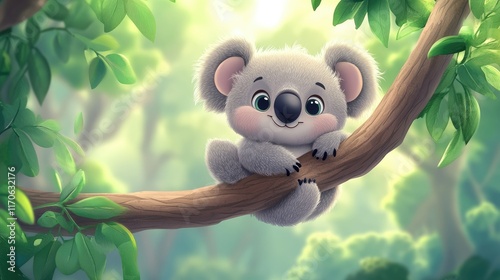 Adorable koala bear cub sitting on a tree branch in a lush green forest. photo