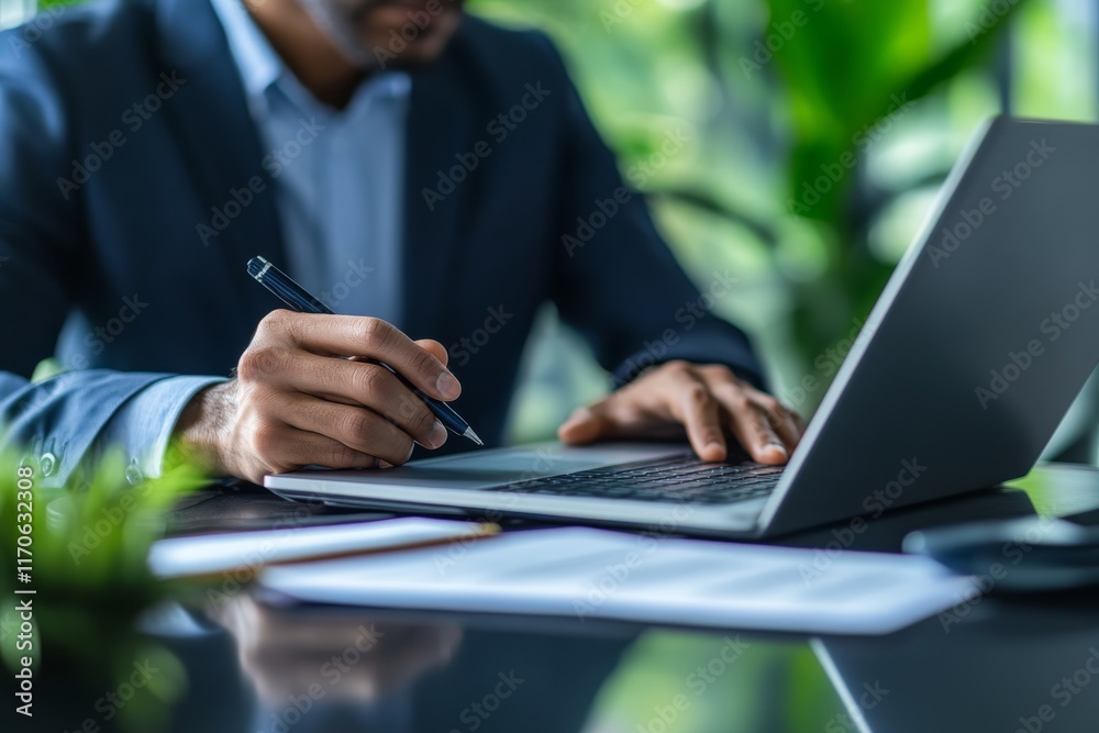 Businessman Working Laptop Computer Pen Documents Desk Office Businessman Working Laptop Computer Pen Documents Desk Office