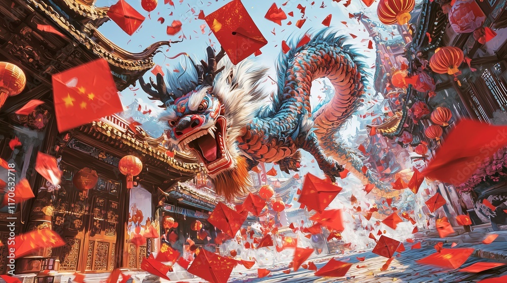 Obraz premium Vibrant dragon dance celebration with lanterns and red envelopes against a festive backdrop.