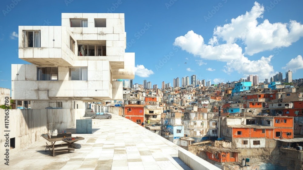 Fototapeta premium A modern architectural structure overlooks a densely populated urban area with colorful buildings.