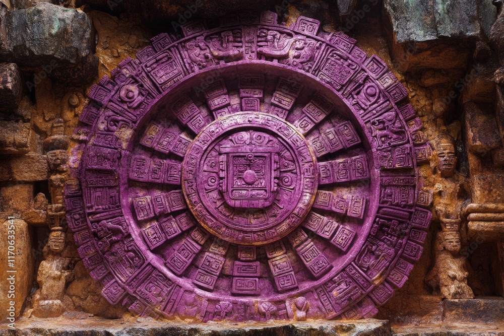 Obraz premium Purple Mayan calendar stone, intricate carvings.