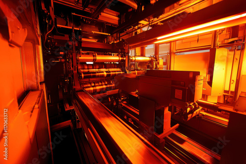 Industrial printing press in an orange lit factory setting