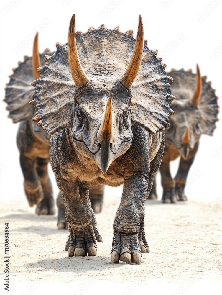 Fototapeta premium Three dinosaur-like creatures with large frills and horns walking towards the viewer.