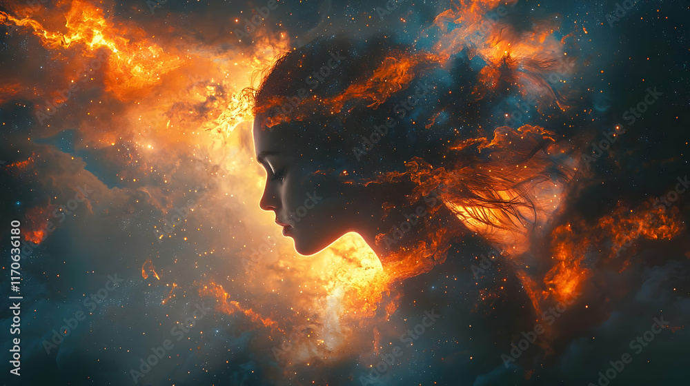 Cosmic Fire: Girl's Face Transformed Mystically Cosmic Fire: Girl's Face Transformed Mystically