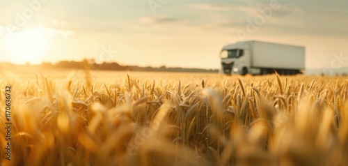 A truck drives through golden wheat fields under a sunset, showcasing agricultural transport and rural landscape.