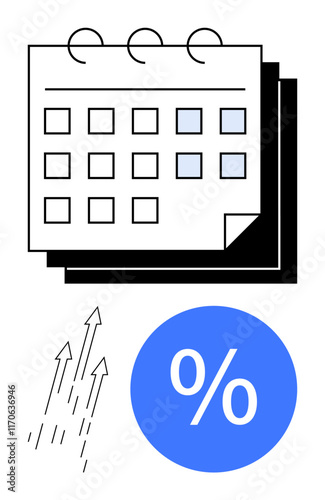 Calendar with spiral binding and square dates, arrows indicating growth, and large blue percentage sign. Ideal for financial planning, business strategy, marketing, sales projections, budgeting, time