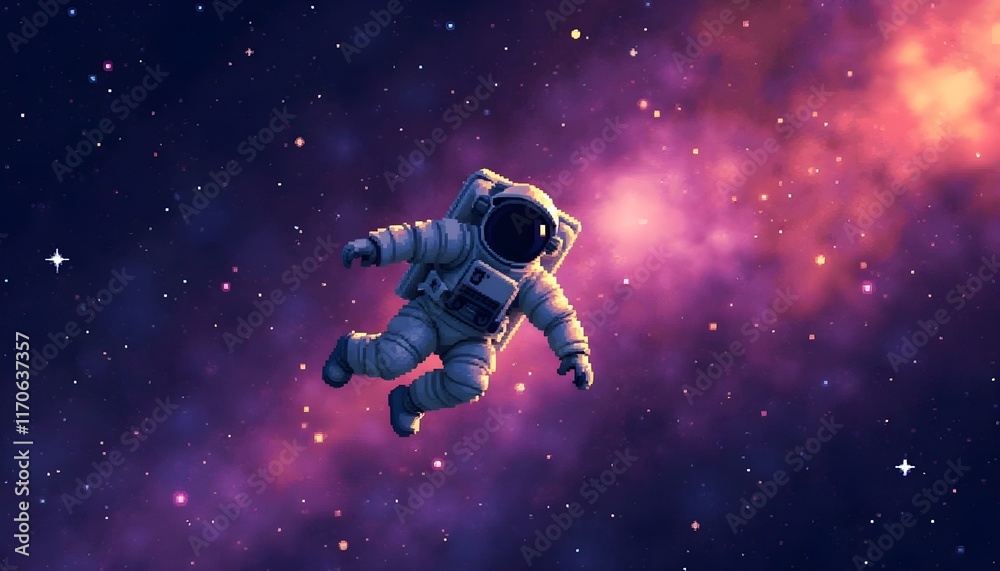 A pixel art portrayal of an astronaut suspended in a star-filled space environment, highlighting the vastness of the universe A pixel art portrayal of an astronaut suspended in a star-filled space environment, highlighting the vastness of the universe