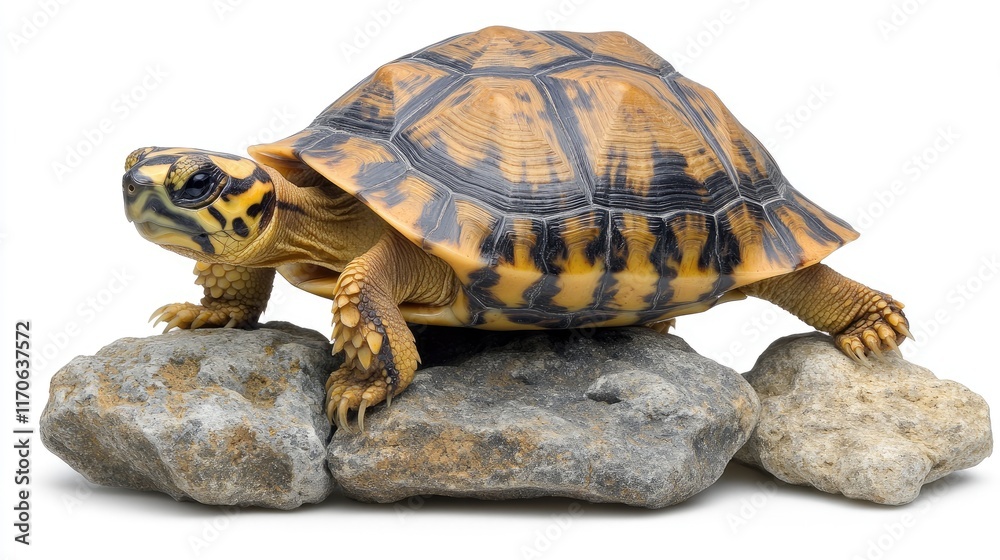 Obraz premium A realistic turtle figurine resting on rocks, showcasing its vibrant shell and intricate details.