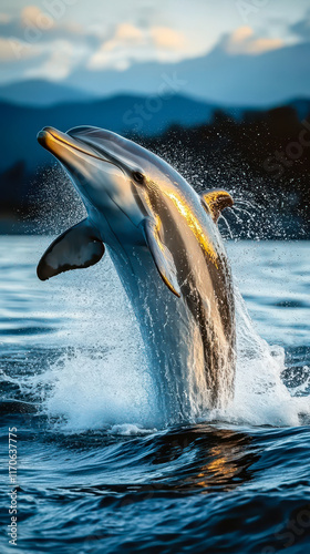 Dolphin Leaping from Blue Cold Sea at Sunset in Aquatic Wilderness - Dynamic Nature Wildlife Photography photo