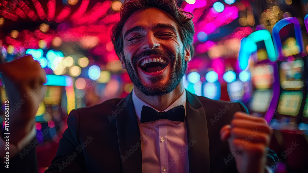 Ecstatic Man in Tuxedo Celebrating Big Casino Win Amidst Vibrant Slot Machines and Colorful Casino Lights Ecstatic Man in Tuxedo Celebrating Big Casino Win Amidst Vibrant Slot Machines and Colorful Casino Lights
