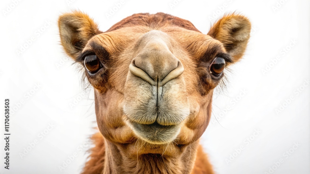 Obraz premium Close-Up of Arabian Camel Head Facing Camera, Isolated on White Background, Detailed Zoom of Camel Face, Animal Portrait, Wildlife Photography, Exotic Desert Species, Nature Close-Up