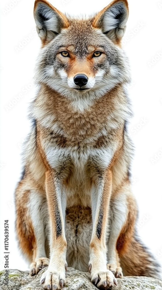 Obraz premium A close-up of a coyote sitting confidently against a white background.