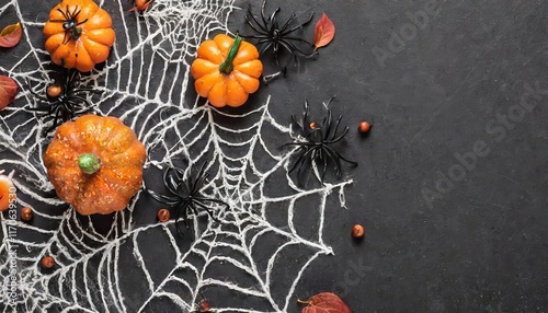 Spooktacular Halloween Flat Lay Mockup Featuring Spiders, Decorations, and Spider Web on a Mysterious Black Background Perfect for Seasonal Promotions and Creative Projects photo