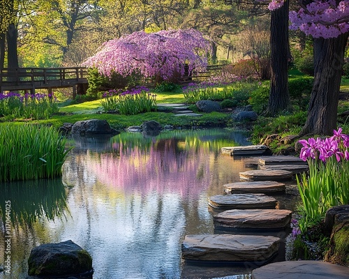 Serene Spring Garden with Blossoming Cherry Tree and Stone Pathway photo