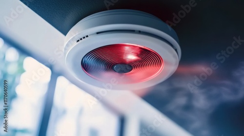 Close-up of a carbon monoxide detector with red alert light on wall, emphasizing safety and home security, essential for household protection and emergency preparedness.