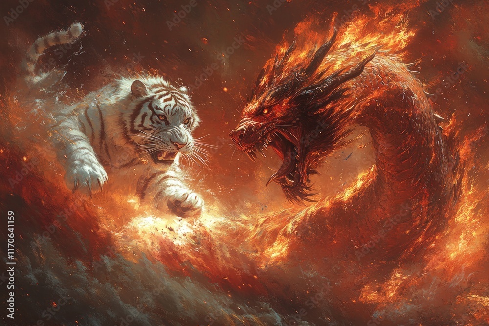 Fiery dragon battles majestic white tiger. Fiery dragon battles majestic white tiger.