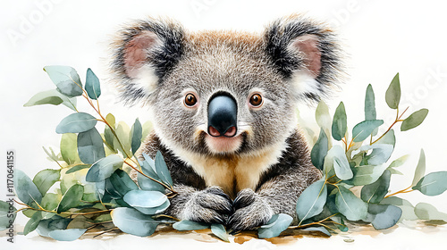 Adorable koala joey surrounded by eucalyptus leaves on white background. photo