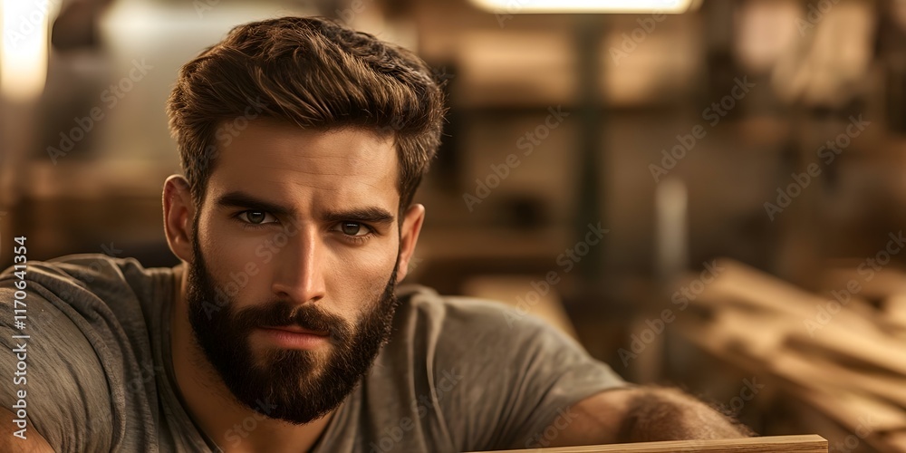 A close-up portrait of a man with a well-groomed beard, wearing a gray shirt, in a workshop setting. Concept Close-Up Portrait, Well-Groomed Beard, Gray Shirt, Workshop Setting, Artisan Vibes A close-up portrait of a man with a well-groomed beard, wearing a gray shirt, in a workshop setting. Concept Close-Up Portrait, Well-Groomed Beard, Gray Shirt, Workshop Setting, Artisan Vibes