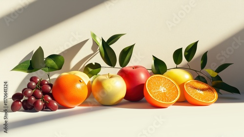 Vivid Fruit Arrangement with Grapes, Apples, and Oranges in Natural Light