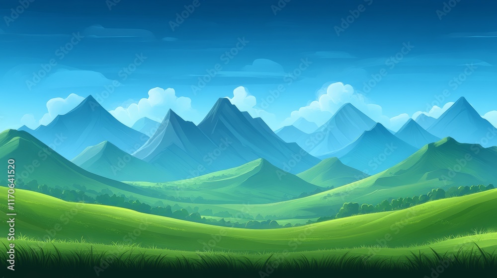 Fototapeta premium Idyllic Green Hills with Blue Mountain Peaks