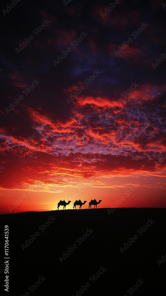 Desert Sunset Silhouette Three Camels Traverse Sands Desert Sunset Silhouette Three Camels Traverse Sands