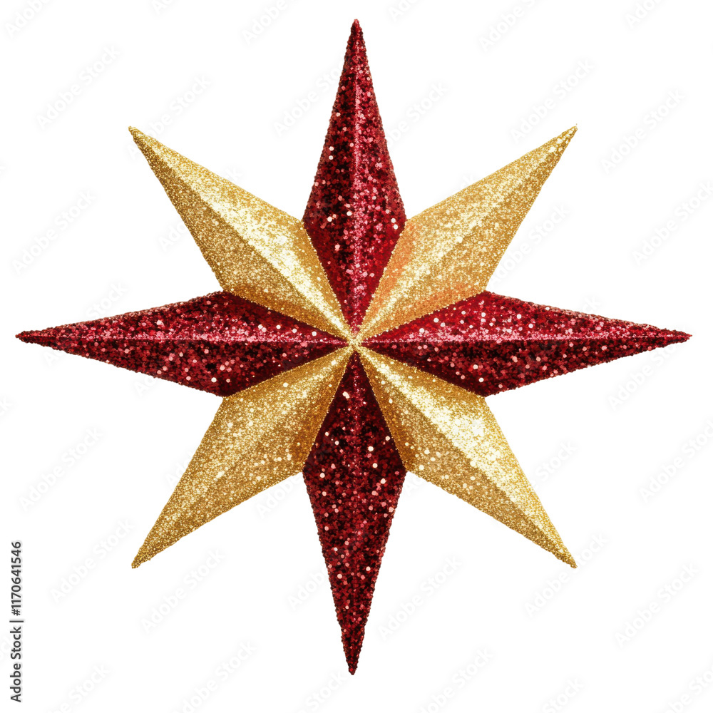 Glittering Christmas star decoration in red and gold tones Glittering Christmas star decoration in red and gold tones