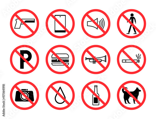 Free Download Prohibition sign set. No phone, guns, loud noise, trespassing, food, alcohol, dog, park, taking photos, smoking, and water allowed icon bundle. - GFXLoad