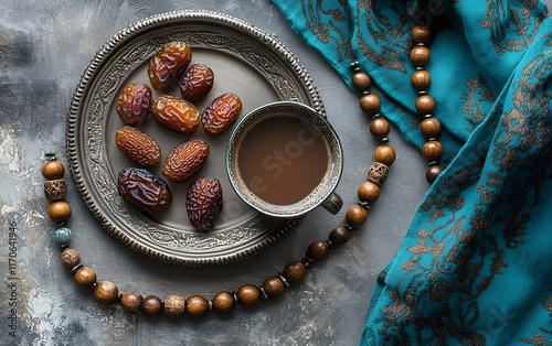 Dates Coffee And Beads On A Silver Tray photo