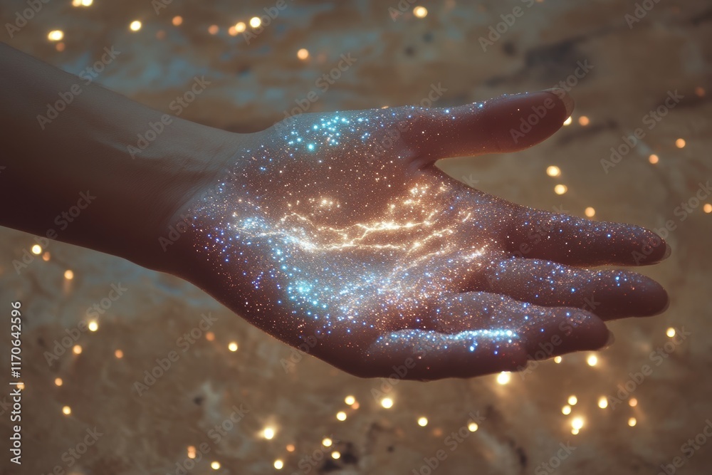 Fototapeta premium Hand Reaching Out with Cosmic Stars and Glowing Light Effect