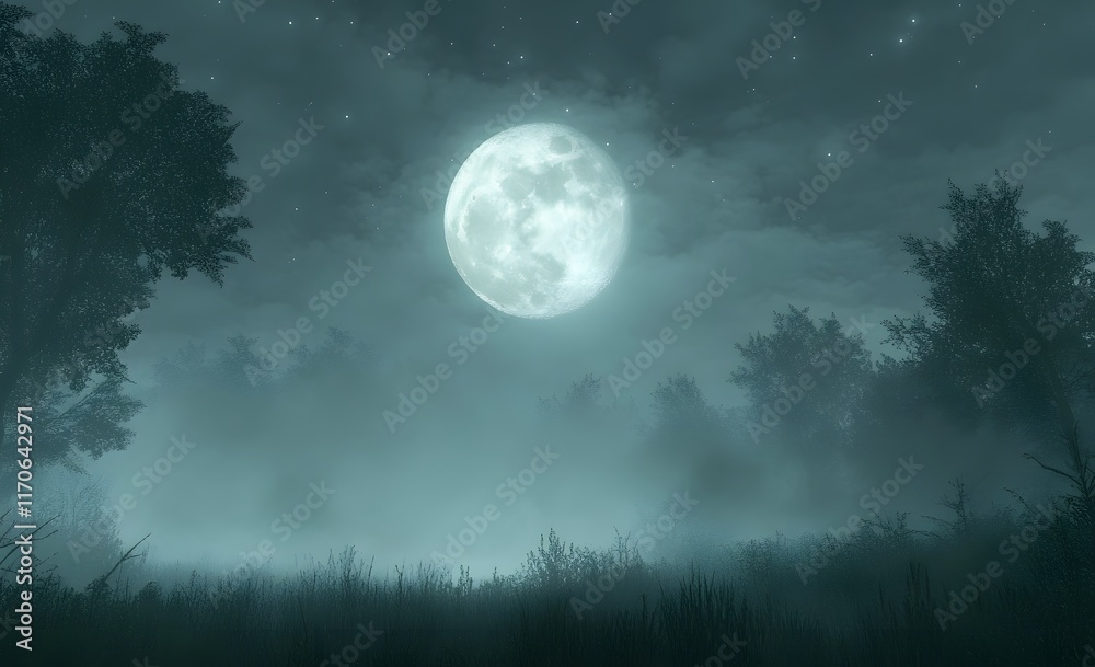 Full Moon Night Over Foggy Forest Landscape Full Moon Night Over Foggy Forest Landscape