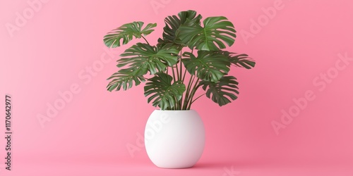 Minimalist Monstera Plant in a Modern White Vase on Pink Background