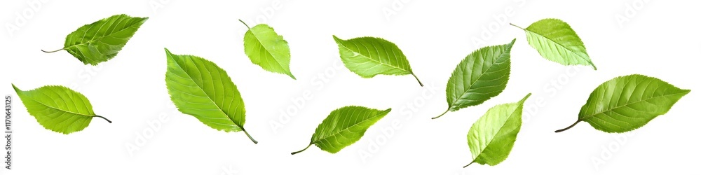 Obraz premium Green leaves floating on a white background