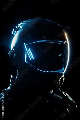 A person is wearing a helmet with a blue light on it photo