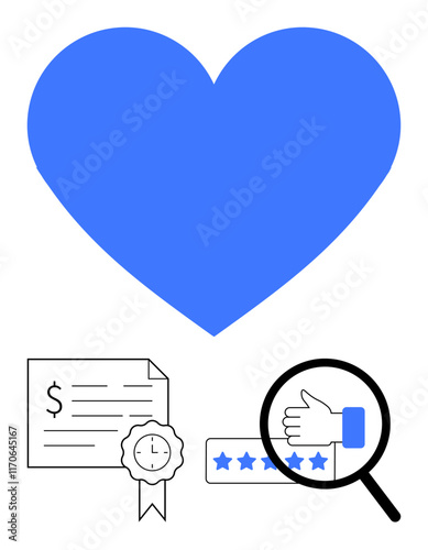 Large blue heart hovering over a certificate with a ribbon and dollar sign, 5-star rating bar with thumbs-up under magnifying glass. Ideal for quality assurance, customer feedback, accreditation